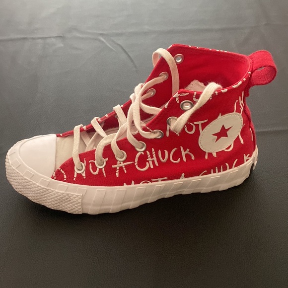 Red and white “not a chuck” high top Converse - Picture 6 of 9